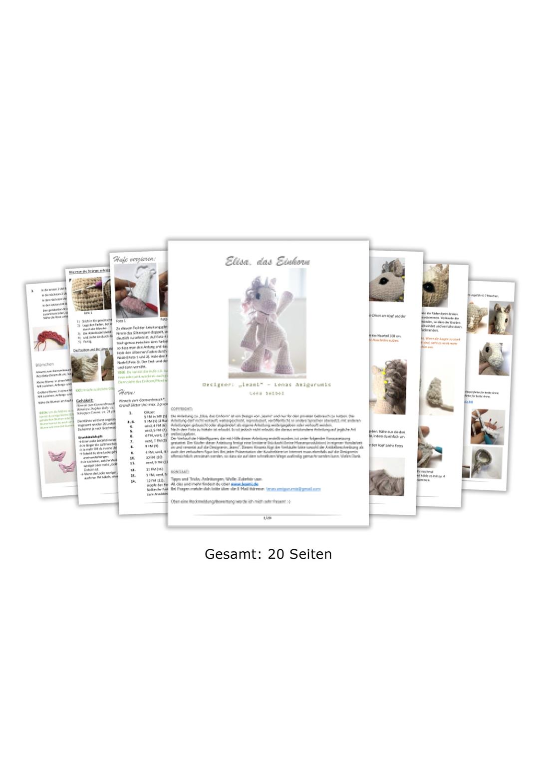 PDF + 5 Videos Häkelanleitung für das Einhorn Elisa von leami