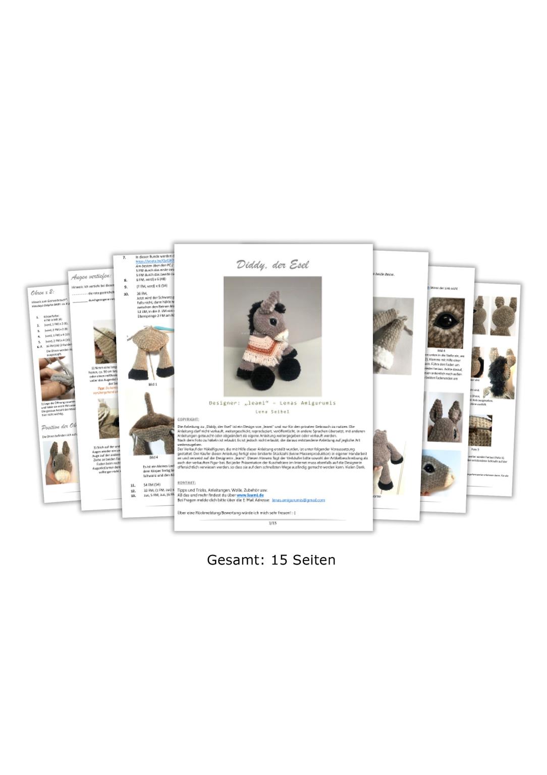 PDF + 4 Videos Häkelanleitung für den Esel Diddy von leami